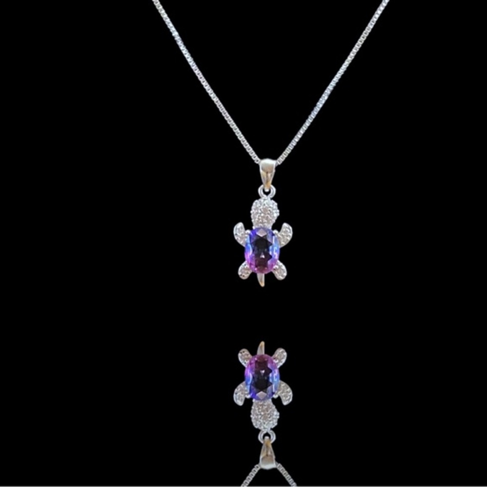 Sterling Silver Sea Turtle Necklace Purple Mystical Fire Topaz
